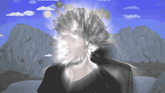 a computer generated image of a person 's face with mountains in the background and a frog in the foreground