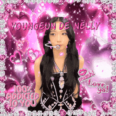 a picture of youngeun de nelly is surrounded by pink glitter