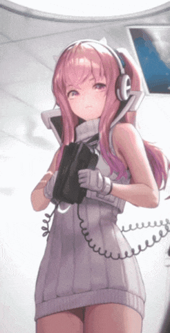 a girl with pink hair is wearing headphones and holding a phone
