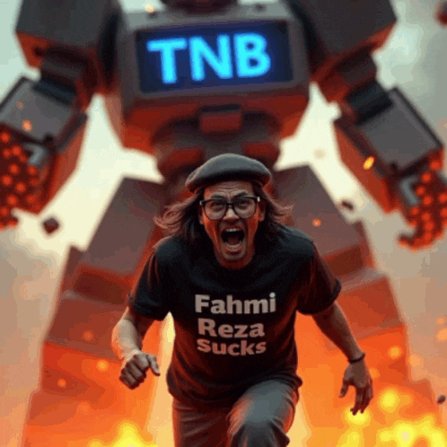 a man wearing a shirt that says fahmi reza sucks in front of a robot