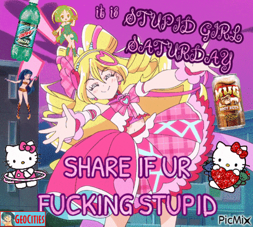 a picture of a girl with the words share if ur fucking stupid on it