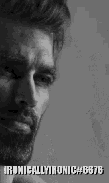 a black and white photo of a man with a beard and the words ironically ironic # 666 written on the bottom