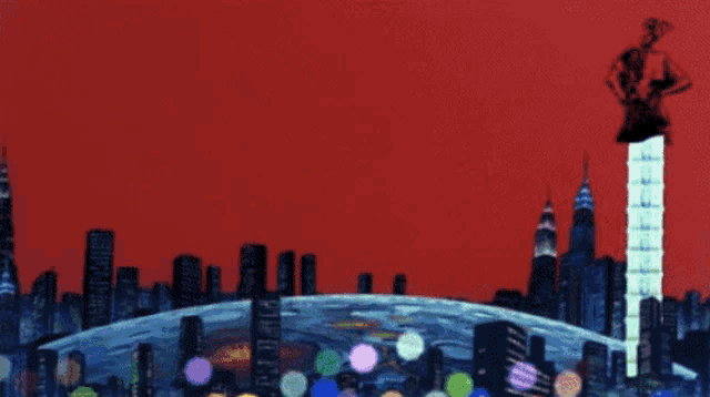 a painting of a city with a large eye looking over it