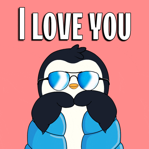 a penguin with sunglasses and a mustache says i love you