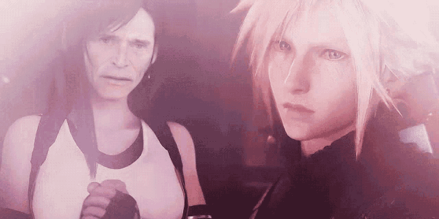 a man and a woman are standing next to each other in a video game