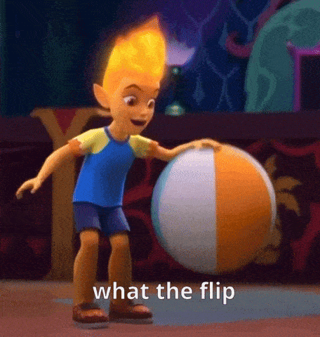 a cartoon character is holding a beach ball and says " what the flip " at the bottom