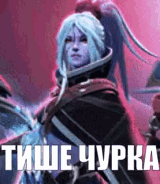 a woman with long blue hair is standing in front of a red background with russian text written on it .