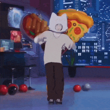 a person wearing a cat hat is holding a giant pizza slice .