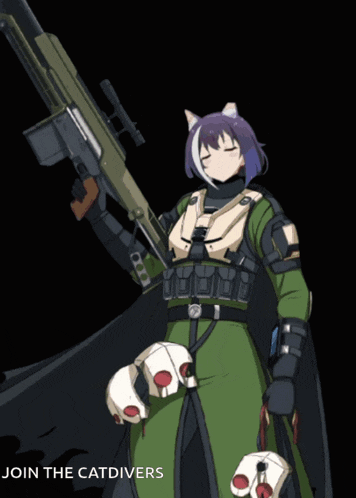 a cartoon character holding a gun with the words join the catdivers below her