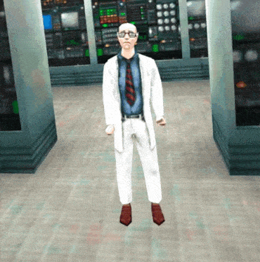 a man in a white coat and tie is standing in a room