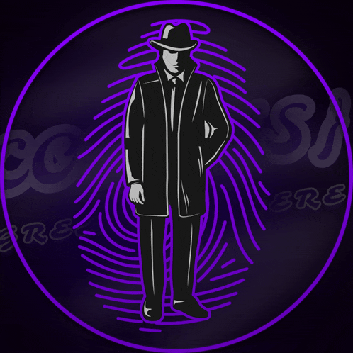 a man in a suit and hat is standing in a purple circle with a fingerprint behind him