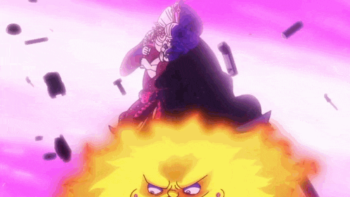 a cartoon character is standing on top of a large yellow object in a purple sky .