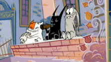 three cartoon cats are standing on a brick wall .