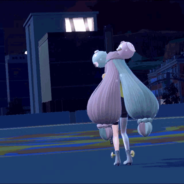 a cartoon character with long hair is standing on a blue surface