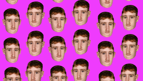 a pink background with many faces of a man on it
