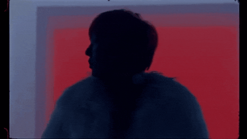a silhouette of a woman in a fur coat against a red background