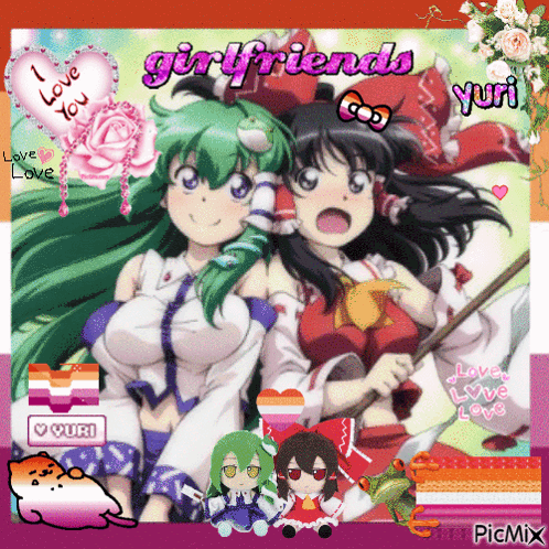 a picture of two anime girls with the words girlfriends yuri at the top