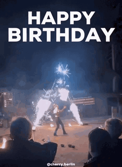 a poster that says happy birthday with a fireworks display