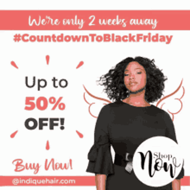 a woman in a black dress is standing in front of a sign that says we 're only 2 weeks away