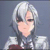 a close up of a person 's face in a video game with a gray haired girl .