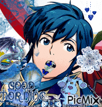 a picture of a boy with blue hair and the words good morning picmix on the bottom