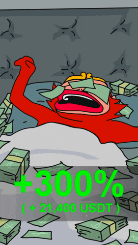 a cartoon of a man laying on a bed with money on his face and the words +300 %