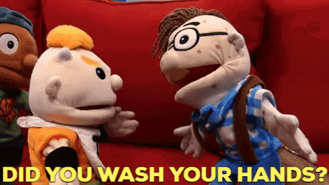 two puppets are talking to each other with the words " did you wash your hands " on the bottom