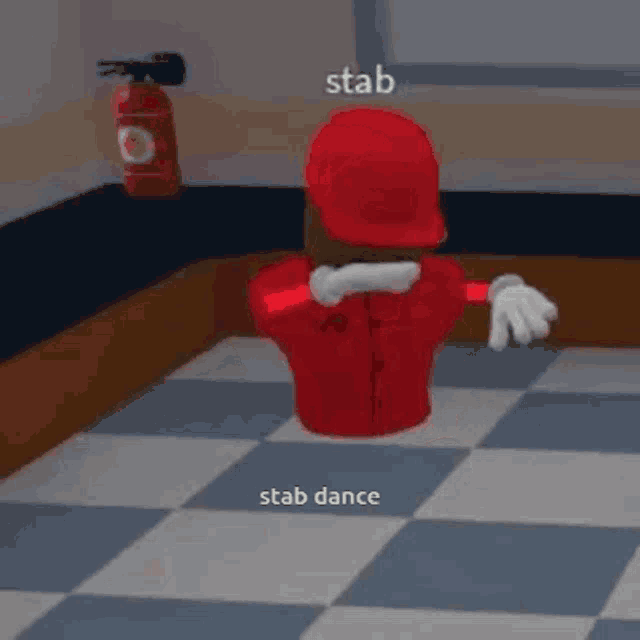 a cartoon character is standing on a checkered floor in a room with a fire extinguisher .