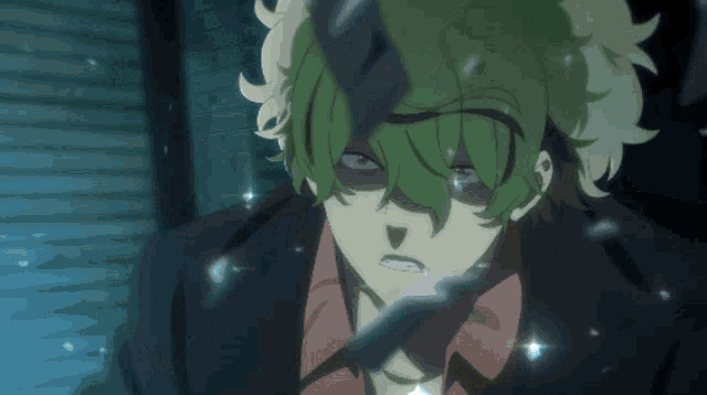 a man with green hair and a red shirt is holding a knife