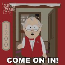 a cartoon character from south park is standing in front of a door and says come on in