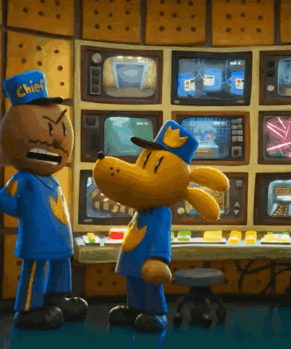 a cartoon character with a blue hat that says chief on it