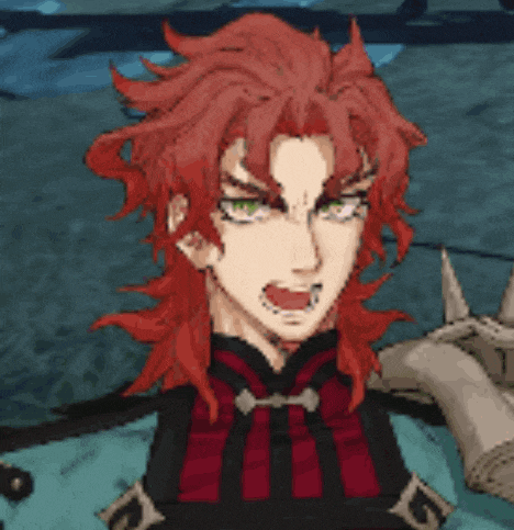 a man with red hair and green eyes is looking at the camera