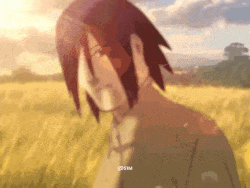 a man with red hair is standing in a field with the sun shining through the grass .