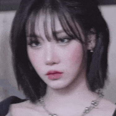 a close up of a woman 's face wearing a necklace and earrings