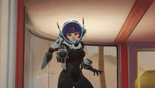 a girl in a space suit is holding a gun in a room