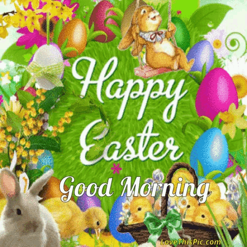 a happy easter good morning greeting card with easter eggs and rabbits