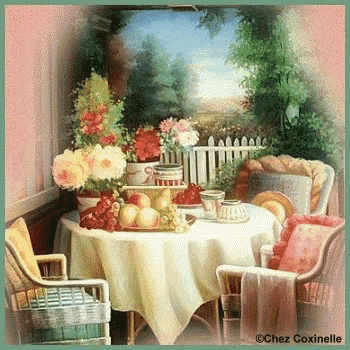 a painting of a table and chairs with chez coxinelle written on the bottom