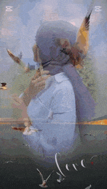 a woman wearing a hijab is surrounded by birds and the word love