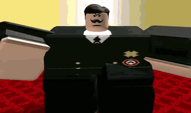 a man with a mustache is wearing a black suit