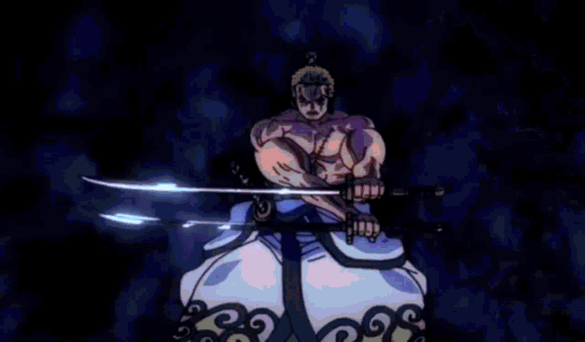 a cartoon of a man holding a sword with a swirl on the back