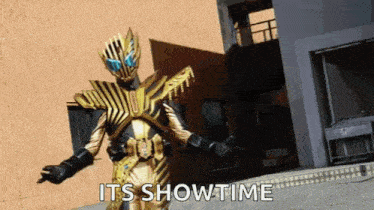 a superhero is standing in front of a building with the words `` its showtime '' written on it .