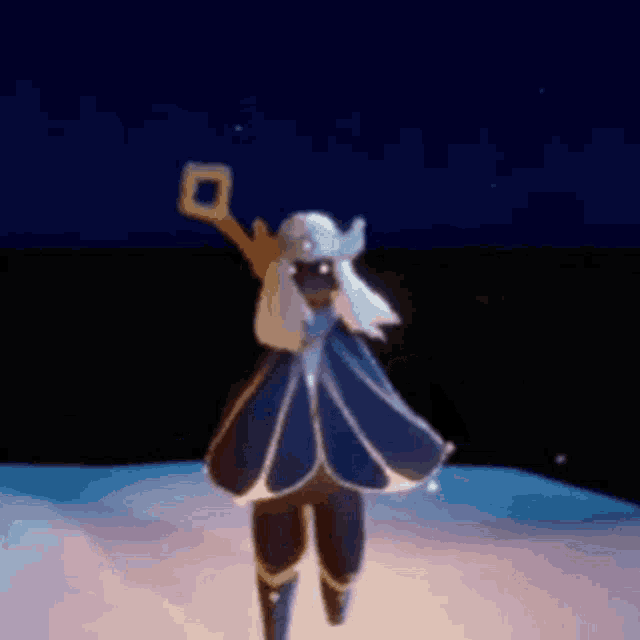 a person is standing on a snowy surface in a video game holding a stick .