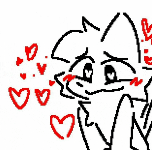 a pixel art drawing of a cat blowing kisses with red hearts around it .