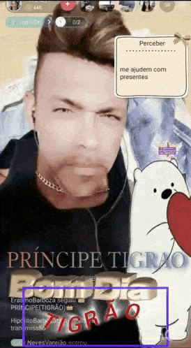 a man wearing headphones is standing next to a cartoon bear with a heart on it .
