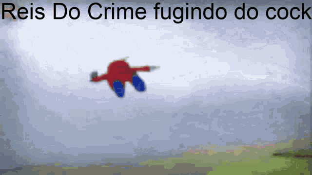 a cartoon character is flying through the air with the words reis do crime fugindo do cock written on the bottom