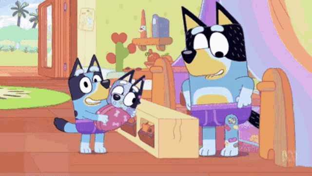 a couple of cartoon dogs standing next to each other