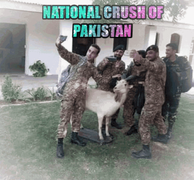 a group of soldiers taking a selfie with a goat and the words national crush of pakistan