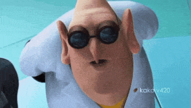 a close up of a cartoon character wearing glasses and a white coat