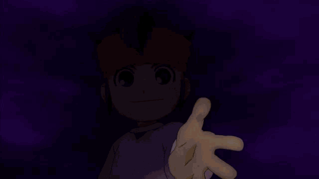a cartoon character with a headband on his head reaches out his hand