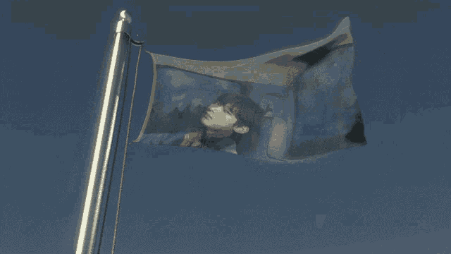 a flag with a picture of a man on it is flying in the wind